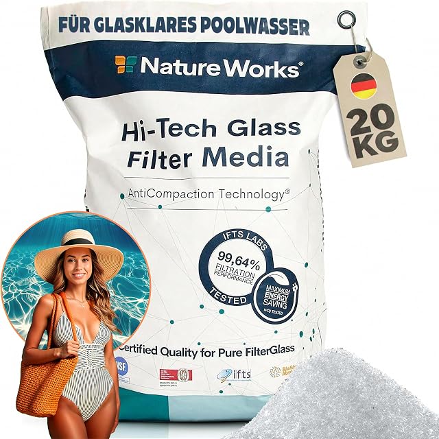 Sacco da venti chilogrammi di vetro filtrante bianco poolomio Nature Works in 0,6-1,2 millimetri