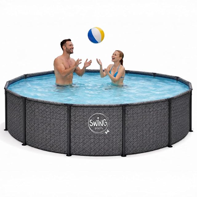 Vasca rotonda grigia HAF Swing Frame Pool a motivo spinato, 366 cm di diametro e 91 cm di profondità