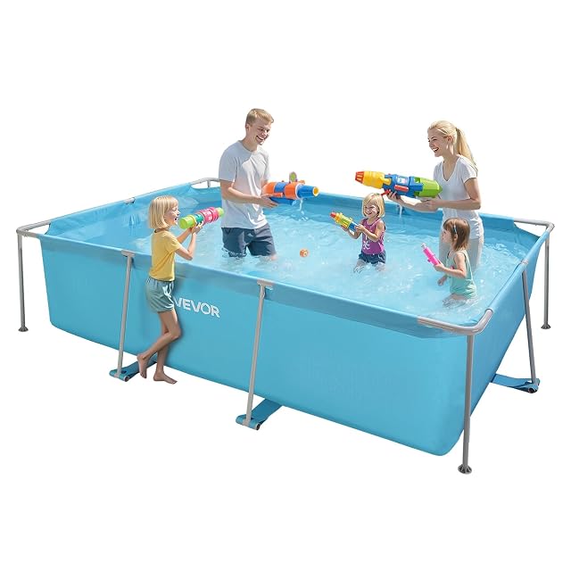 Vasca tubolare rettangolare blu VEVOR su un’armatura in tubi d’acciaio rivestiti, 300 per 200 cm e 76 cm d’altezza