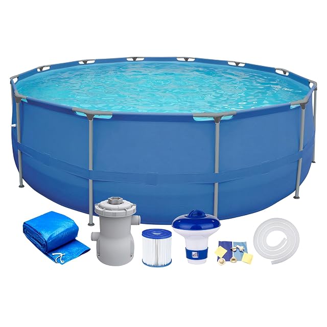 Vasca rotonda blu Walden Sports ad armatura in acciaio da 300 cm di diametro, con una pompa di filtrazione e una copertura accanto