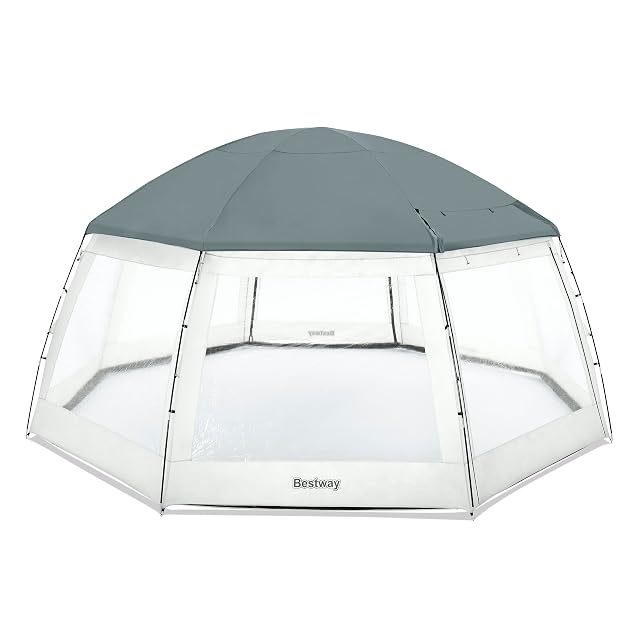 Padiglione da piscina Bestway da 600 per 295 cm, con otto finestre trasparenti e due entrate, sopra una grande vasca rotonda