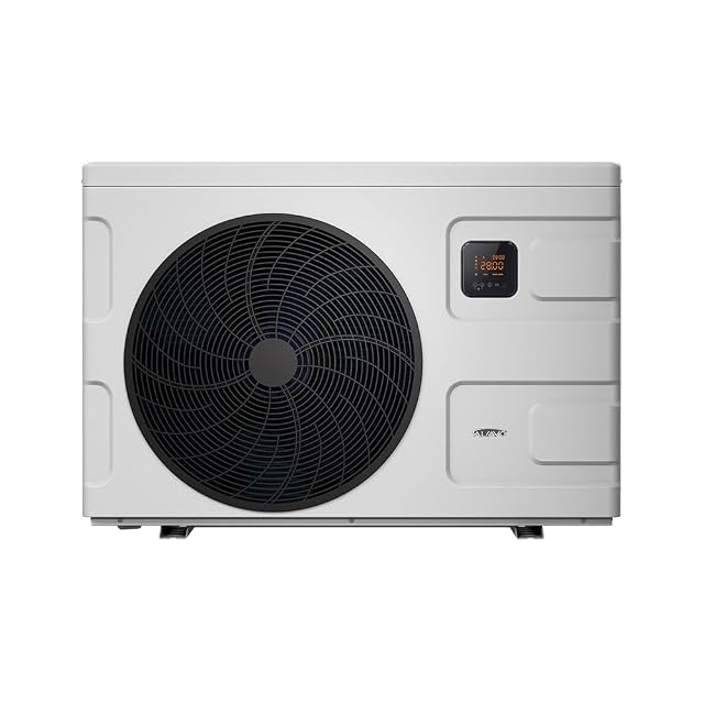 Pompa di calore da piscina a inverter ALSAVO INVERBOOST, con involucro in ABS, accanto a una vasca