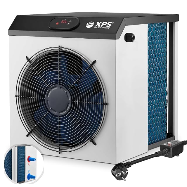Pompa di calore da piscina compatta Pool-Systems XPS-35 accanto a una vasca fuori terra