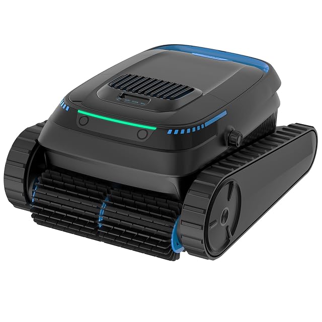 Robot da piscina cingolato BOTLIFE PC10, mentre risale una parete verso la linea d’acqua