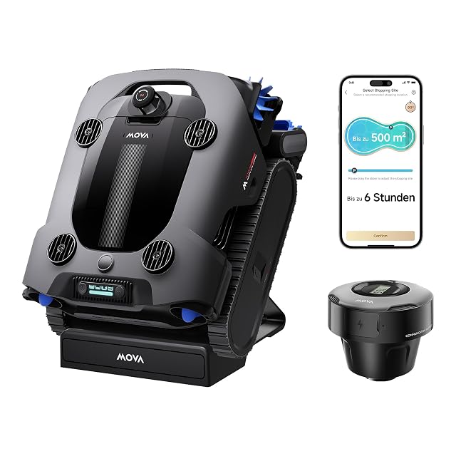 Robot da piscina MOVA Rover X10 con mappatura laser, mentre sale i gradini di una vasca
