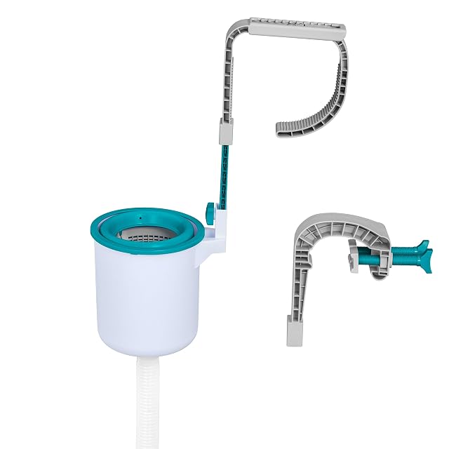 Skimmer di superficie a sospensione Bestway Flowclear agganciato sopra la parete di una vasca con struttura