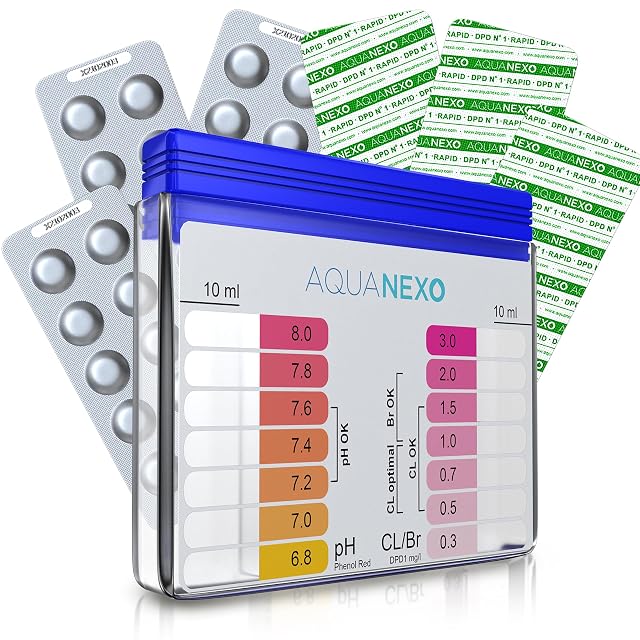 Tester da piscina AQUANEXO con scala colorimetrica, due camere e un blister di pastiglie di prova