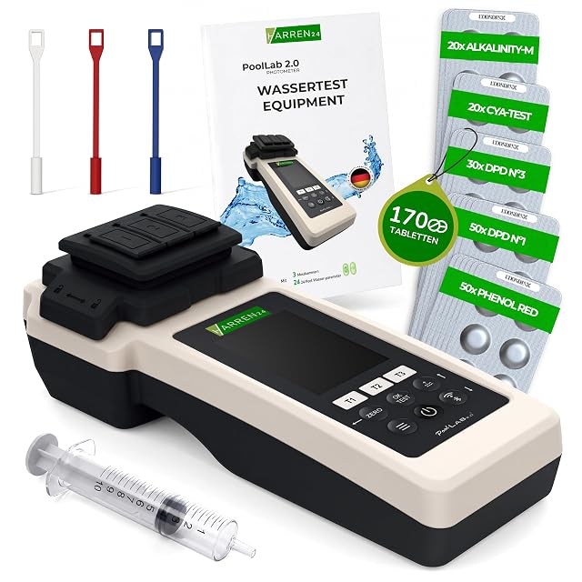 Kit fotometro harren24 PoolLab 2.0 con tre cuvette, un paraluce, una siringa, agitatori e pastiglie reattive